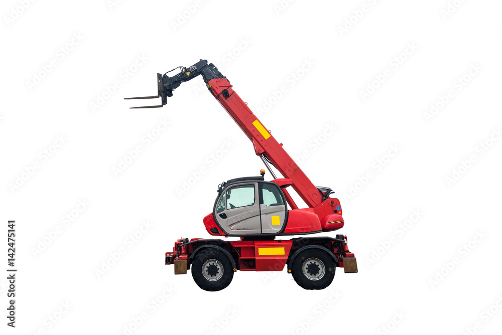 Red loader bulldozer, crane, construction machine on a white background