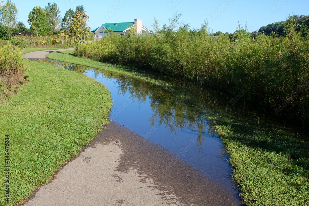 The flooded walkway of the park.