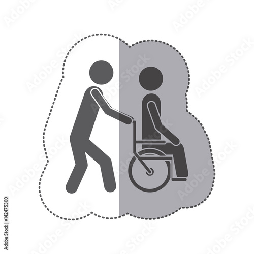 sticker monochrome silhouette person helping another push a wheelchair vector illustration