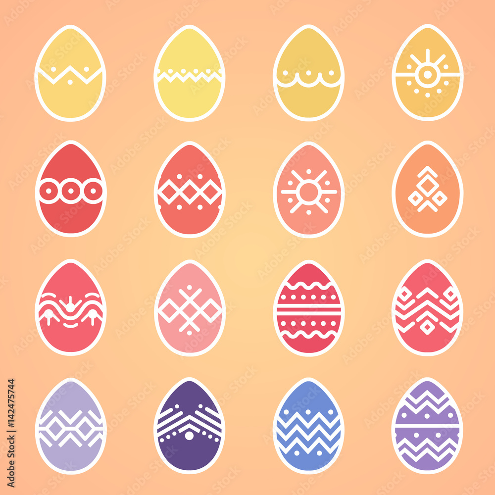 Set of easter eggs, flat colorful bright with geometric patterns isolated on gradient background, linear vector. White lines and points.