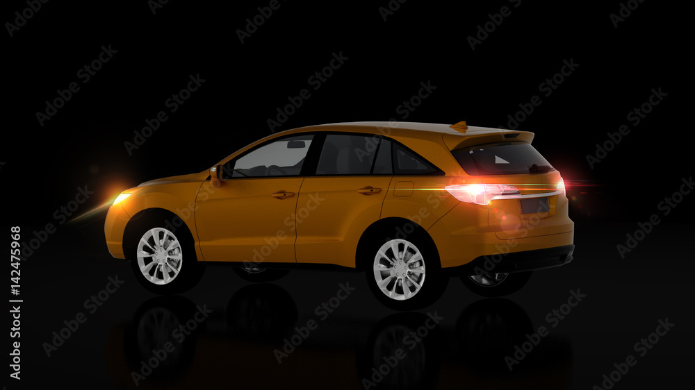 Generic orange SUV car on black background, back view