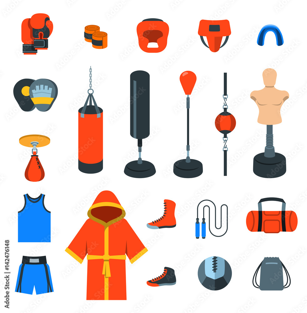 Boxing icons flat design vector colorful icons. Boxer training equipment  symbols. Sport workout tools, protection, clothes and shoes. Martial arts  elements Stock Vector | Adobe Stock