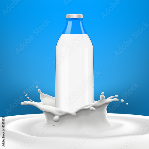 Full glass bottle in big milk splash on blue gradient background high quality vector realistic illustration