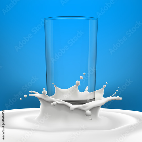 Empty transparent glass in big milk splash on blue gradient background high quality vector realistic illustration