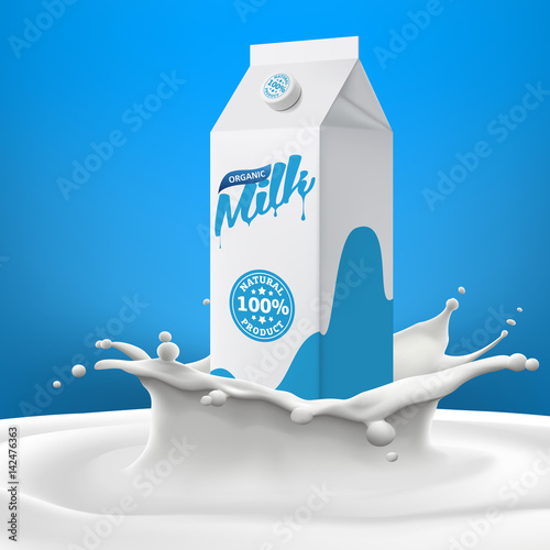 Packaging carton in big milk splash on blue gradient background high quality vector realistic illustration