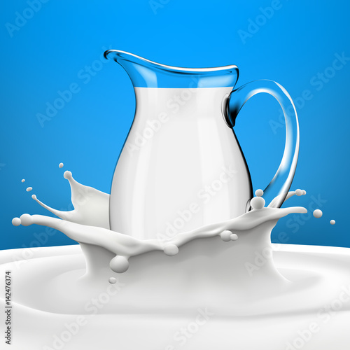Full transparent jug in big milk splash on blue gradient background high quality vector realistic illustration