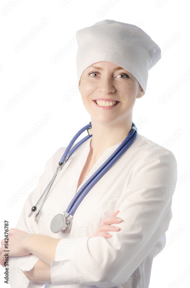 Medical doctor portrait in white coat and cap Medical doctor portrait in white coat and cap