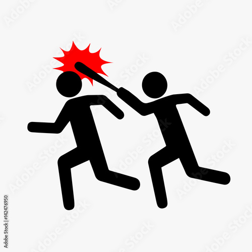 Icon robbery, Pictogram violence. Flat style. One symbolically drawn person catches up and beats another with a stick. Vector illustration isolated from background.