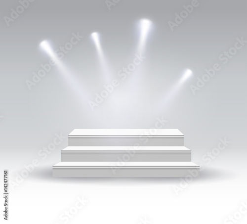 White podium. Pedestal. Platform. Spotlight. Vector illustration.