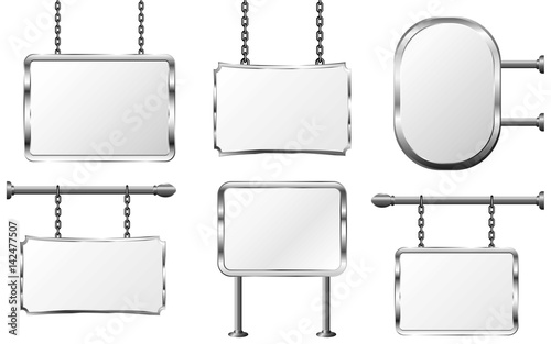 set board in a metal frame hanging on chains, silver signboard, isolated vector illustration