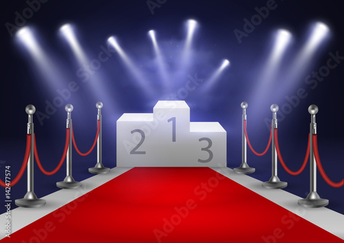 Stage for awards ceremony. White podium with red carpet. Pedestal. Scene. Spotlight. 3D. Vector illustration.