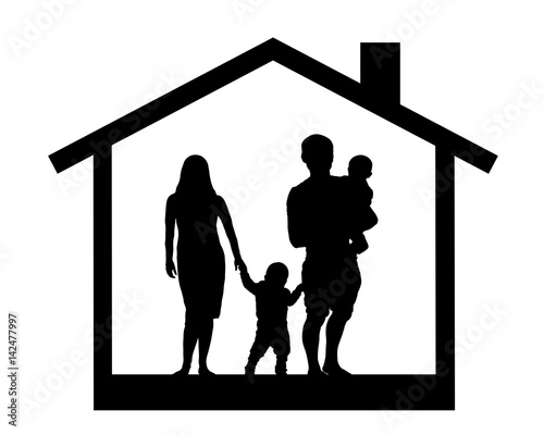 Silhouette of a family with children in the house, vector illustration photo