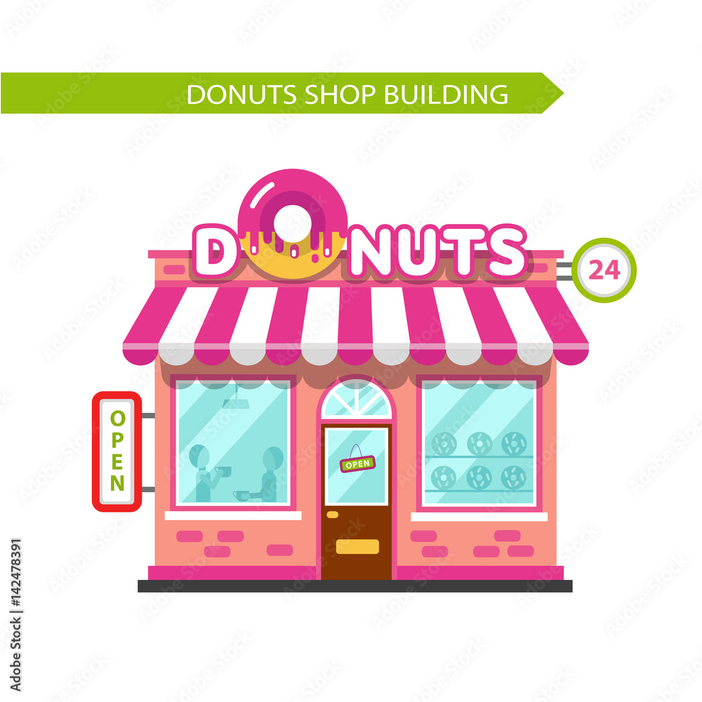 Vector flat design illustration of donuts shop building. Signboard with big  donut. People eating at the restaurant. Isolated on white background. Stock  Vector | Adobe Stock