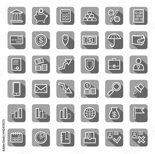 Bank, Finance, icons, gray, contour, vector. White outline drawing on gray background with shadow. Vector clip art. 