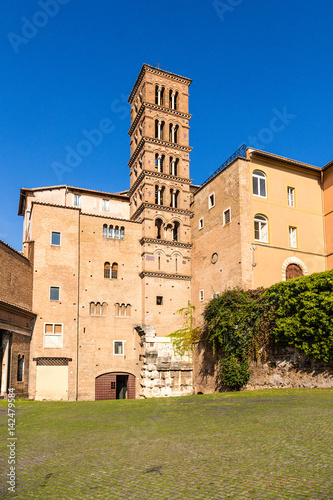 Rome, Italy. Romanesque campanila of the basilica of Santi Giovanni e Paolo, XII century photo