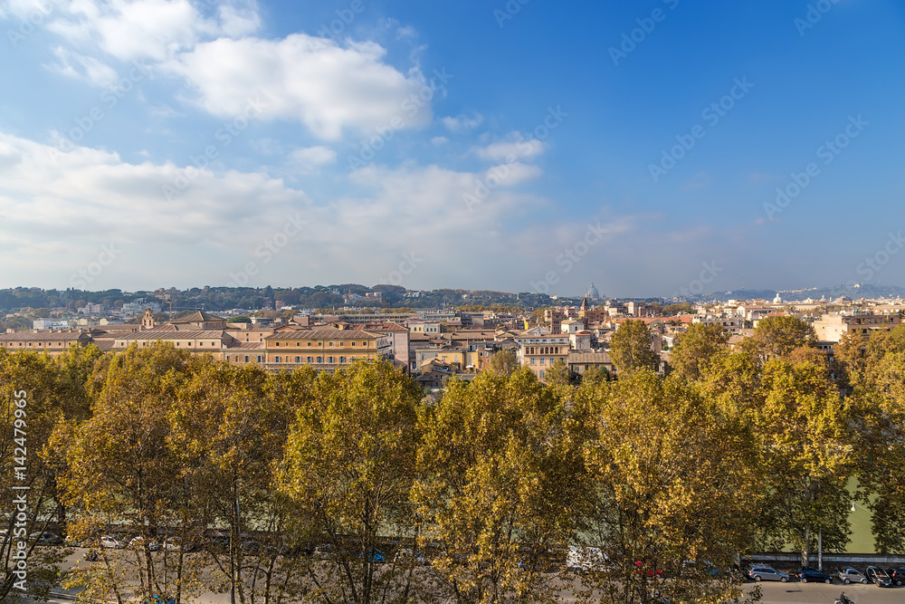 Rome, Italy. View from the Aventine hill towards the Tiber River embankment and the right bank of the city.