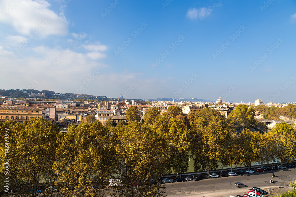 Rome, Italy. View from the Aventine hill to the Tiber River embankment and the right bank of the city.