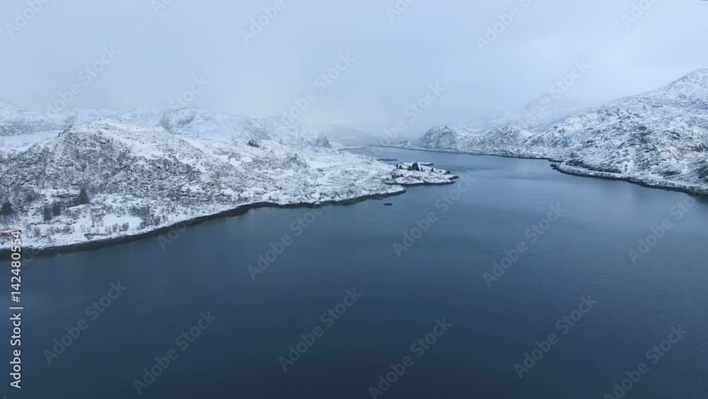 Aerial view of the Norwegian winter landscape in Lofoten