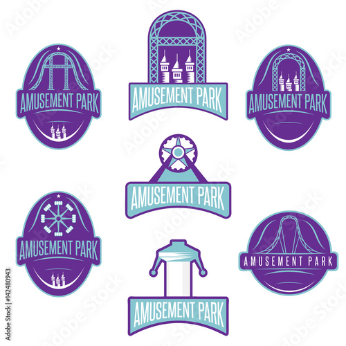 amusement park sport labels set vector design template