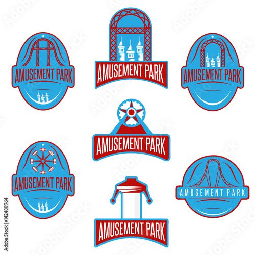 amusement park sport labels set vector design template