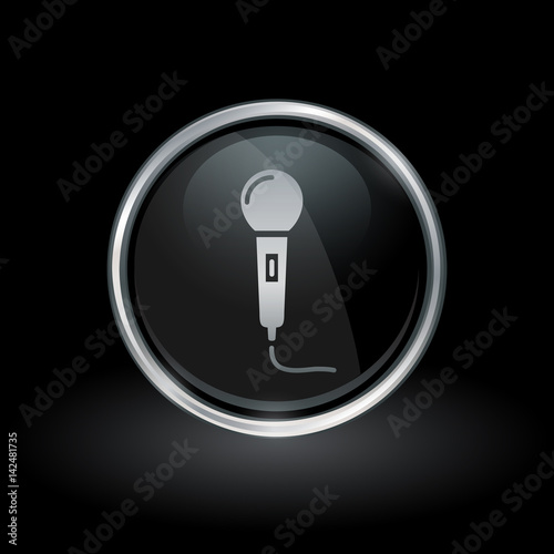 Microphone symbol with mic icon inside round chrome silver and black button emblem on black background. Vector illustration.