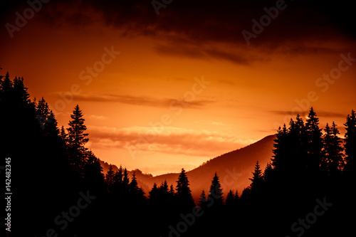 A beautiful, colorful, abstract mountain landscape with trees in a red tonality. Decorative, artistic look.