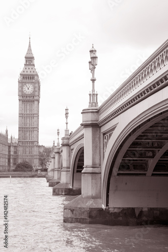 Westminster Bridge and Big Ben, London in Black and White Sepia Tone