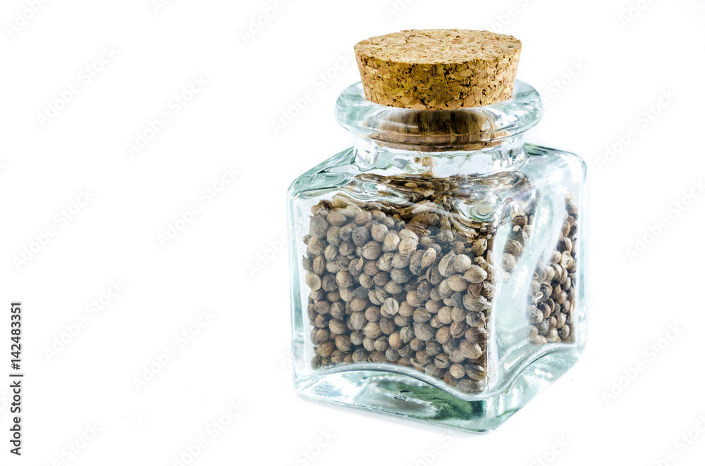 Dry cilantro in glass bottle isolated on white background. Closeup macro shot. Dry cilantro in glass bottle isolated on white background. Closeup macro shot.