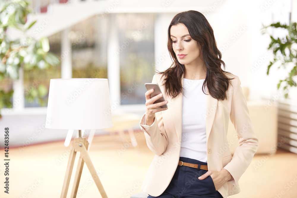 Beautiful young woman with cellphone. Businesswoman using mobile phone at her luxury office Beautiful young woman with cellphone. Businesswoman using mobile phone at her luxury office