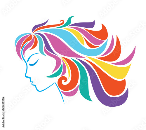 Profile of young girl with colorful hair isolated on a white background.