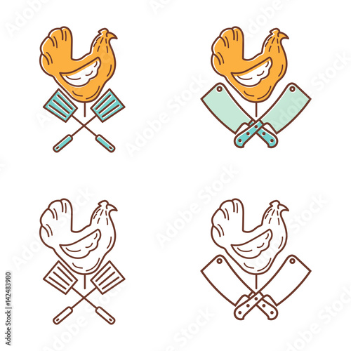 Set of bbq chicken with spatula and knife in line art drawing. Vector illustration