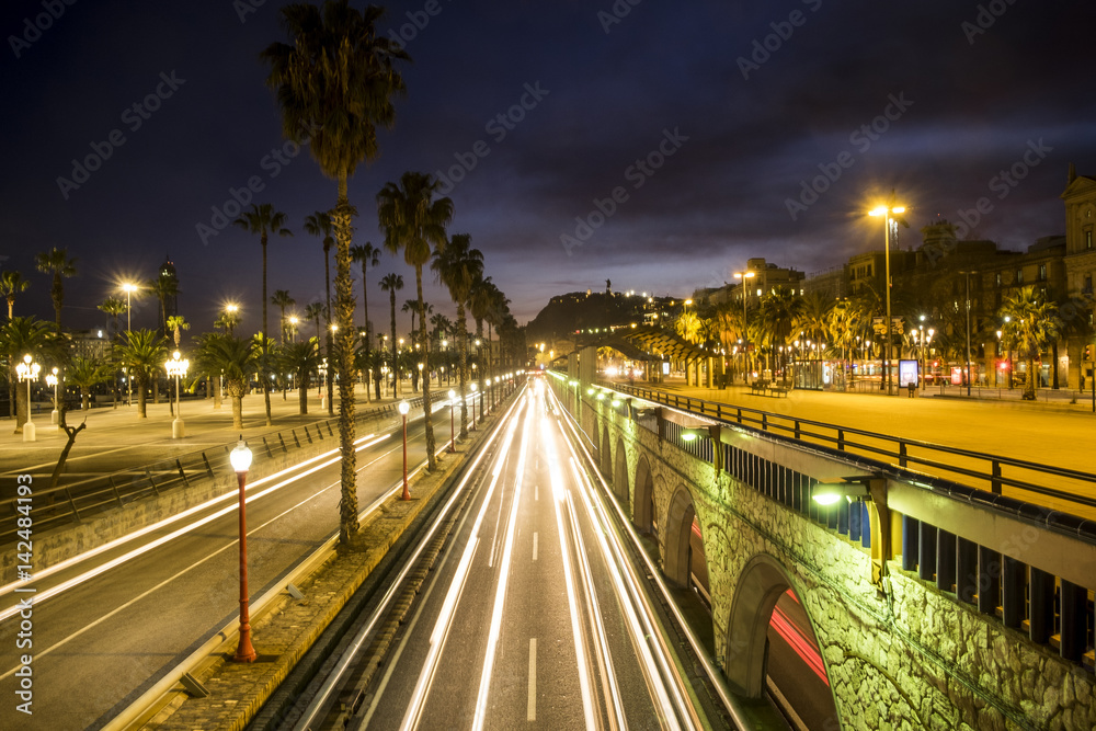 Night traffic at Ronda Litoral Avenue in the coastline of Barcelona