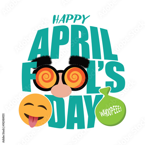 April Fools Day text, emoticon, whoopee cushion and funny glasses design. EPS 10 vector.