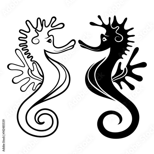 Vector Beautiful Seahorses. Black Silhouette And Contour