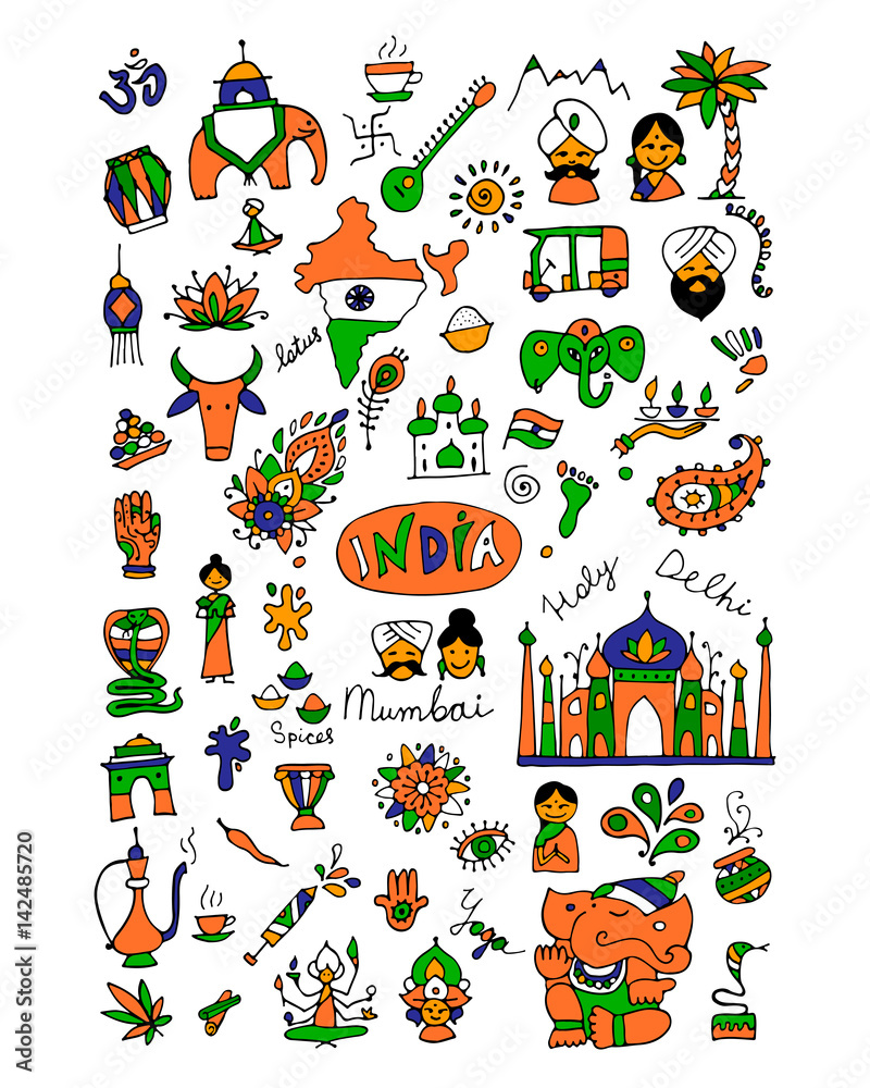 India, icons collection. Sketch for your design