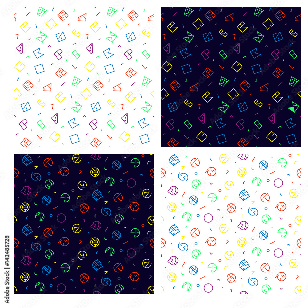Trendy set of seamless patterns in the style of Memphis. Colorful abstract geometric seamless patterns Trendy set of seamless patterns in the style of Memphis. Colorful abstract geometric seamless patterns