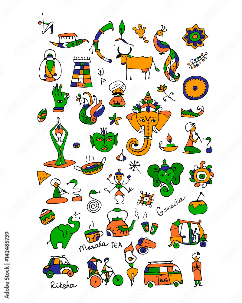 India, icons collection. Sketch for your design India, icons collection. Sketch for your design