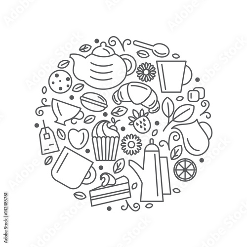 Set of tea theme. Line art draw icons in the circle.Vector illustration