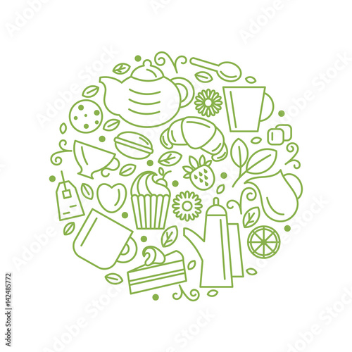 Set of tea theme. Line art draw icons in the circle.Vector illustration