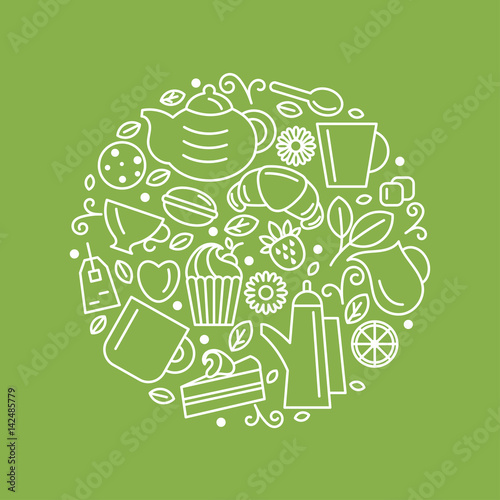 Set of tea theme. Line art draw icons in the circle.Vector illustration