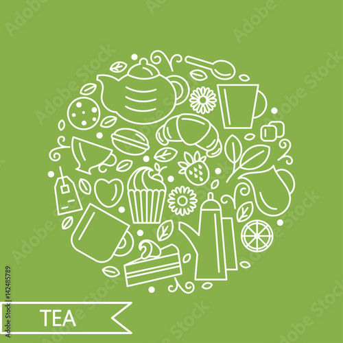 Set of tea theme. Line art draw icons in the circle.Vector illustration