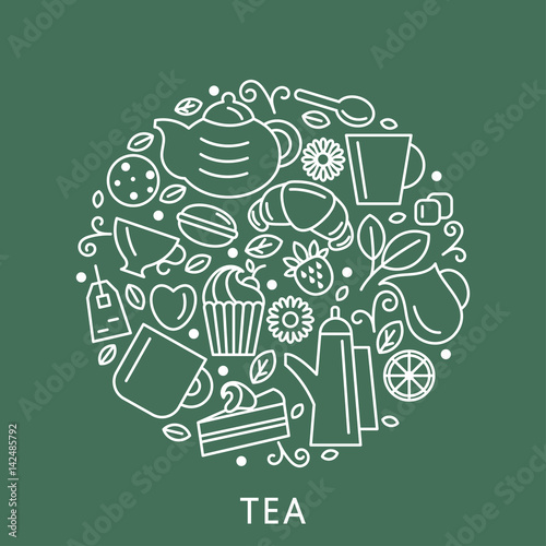 Set of tea theme. Line art draw icons in the circle.Vector illustration