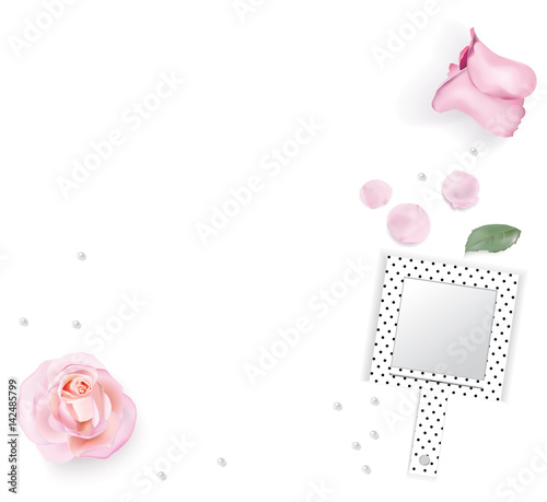 Mirror, pink roses, rose petals on white background. Flat lay. Feminine background