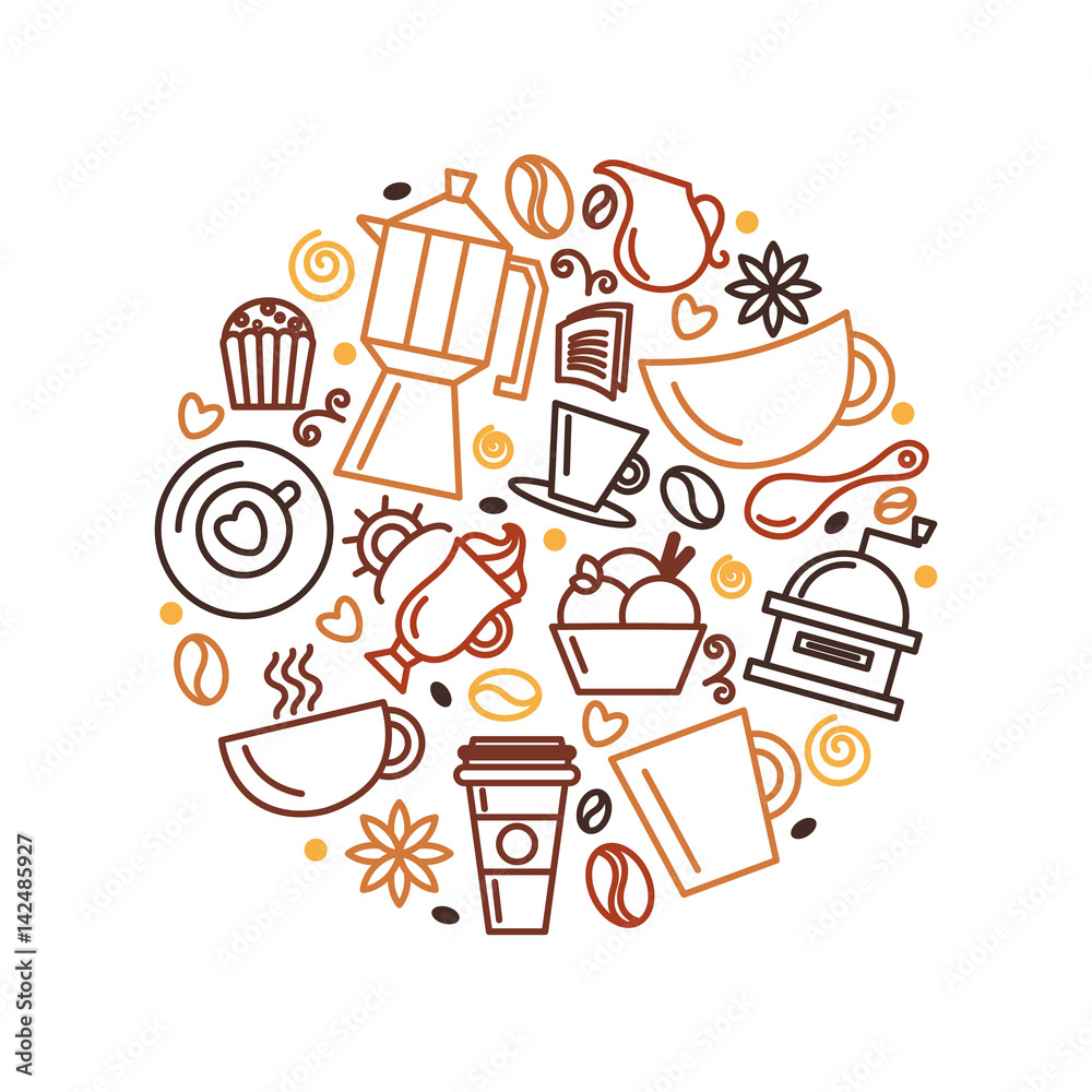 Set of coffee theme. Line art draw icons in the circle.Vector illustration Set of coffee theme. Line art draw icons in the circle.Vector illustration