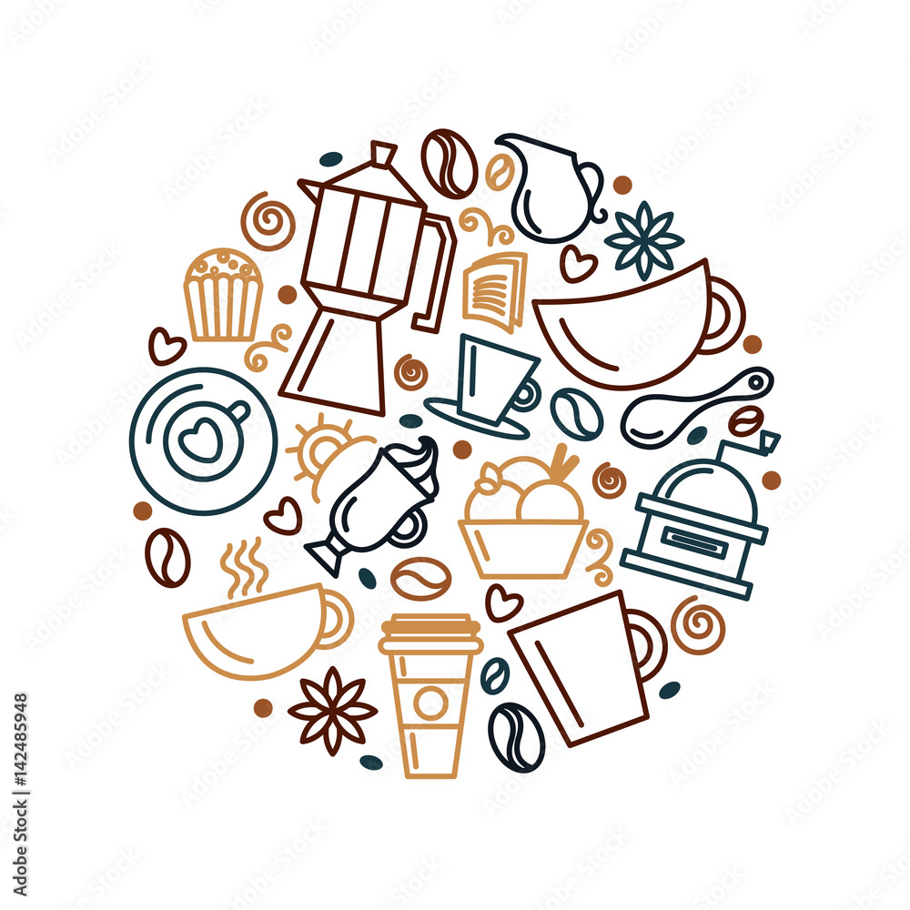 Set of coffee theme. Line art draw icons in the circle.Vector illustration Set of coffee theme. Line art draw icons in the circle.Vector illustration