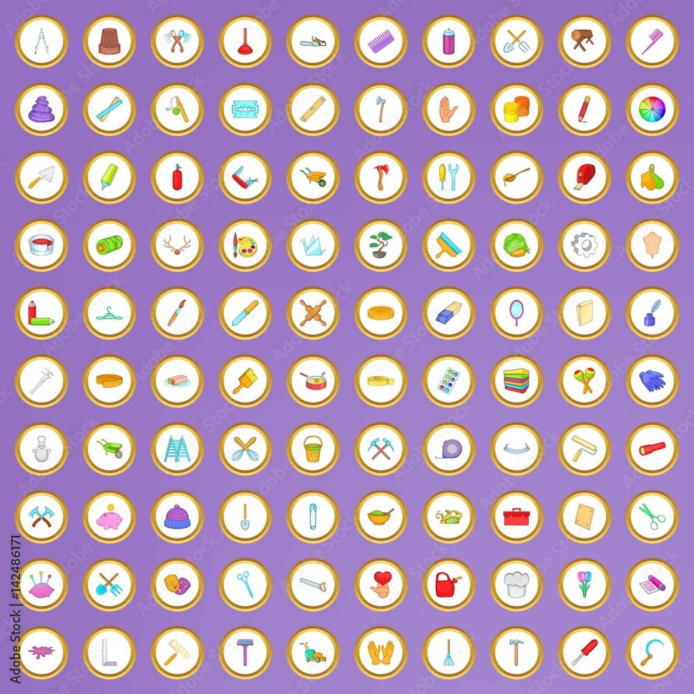 100 craft icons set in cartoon style 100 craft icons set in cartoon style