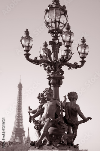 Figure on Pont Alexandre III Bridge with the Eiffle Tower in the Background  Paris  France © kevers