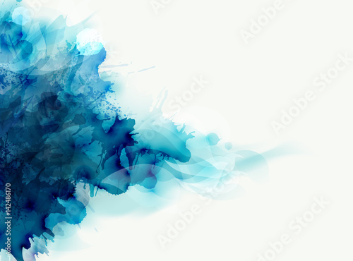 Blue watercolor big blot spread to the light background. Abstract vector composition for the elegant design.