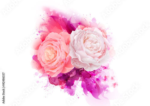 Elegance flowers bouquet of pink color roses. Composition with blossom flowers on the magenta artistic abstract background