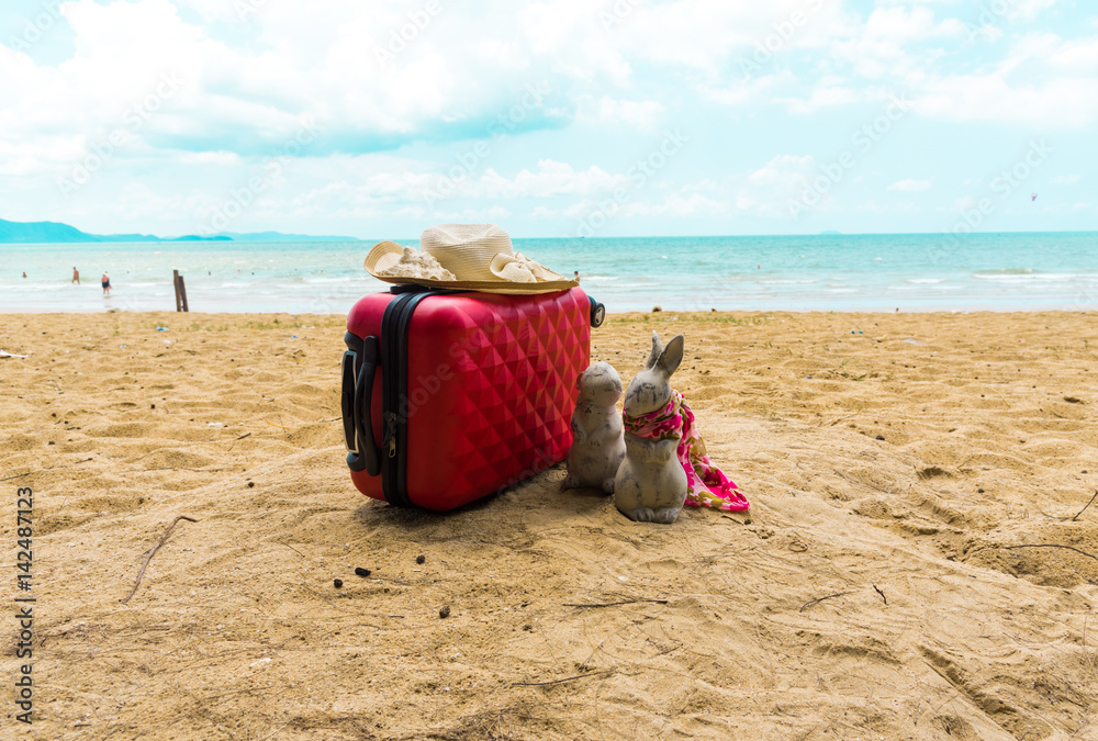 Naklejka premium Rabbit lover travels on the beach.